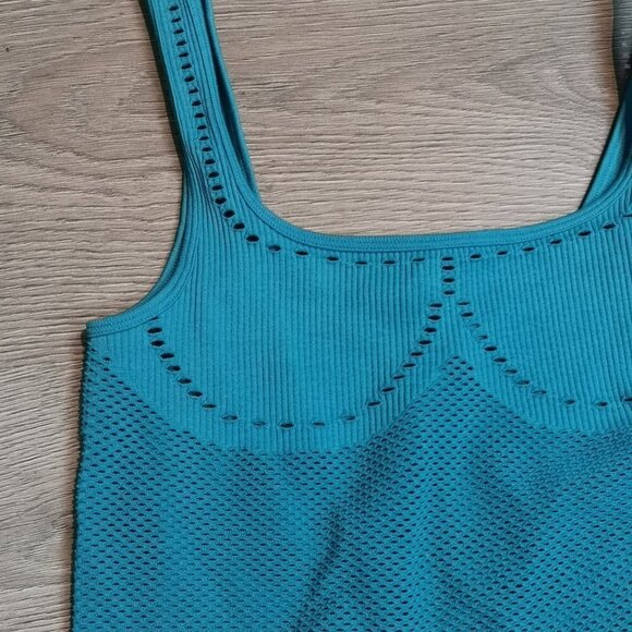 Neo-vintage Eco-luxe Teal Green Knit Pointelle Stretch Jersey Tank Bodysuit - Picture 3 of 5